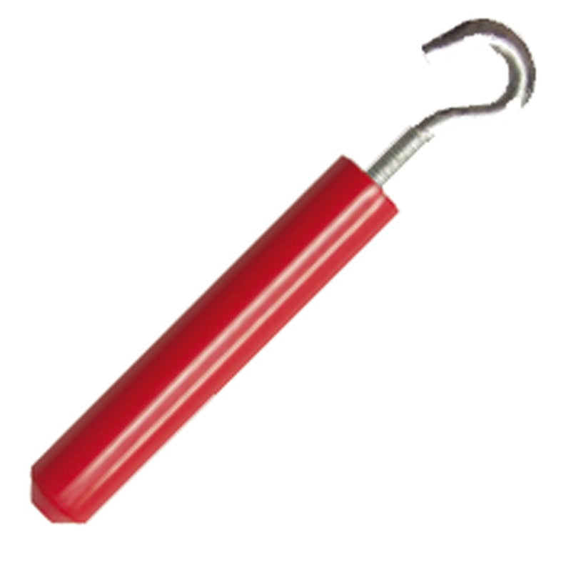 Red-handled hook tool on a white background