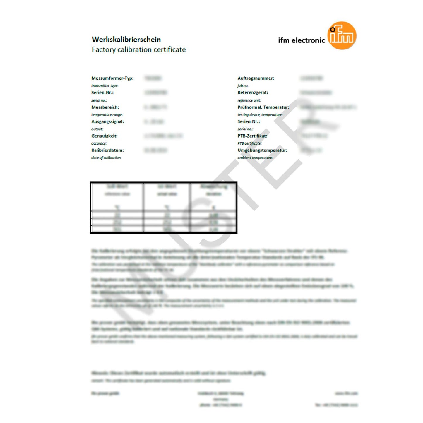 IFM ZC0065 - A2LA / ILAC MRA - Calibration certificate for temperature sensors 5-point A2LA-KALIBRIERUNG TEMP. 5-PKT