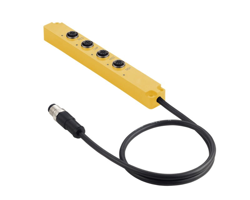 Yellow industrial control panel with black cable on a white background