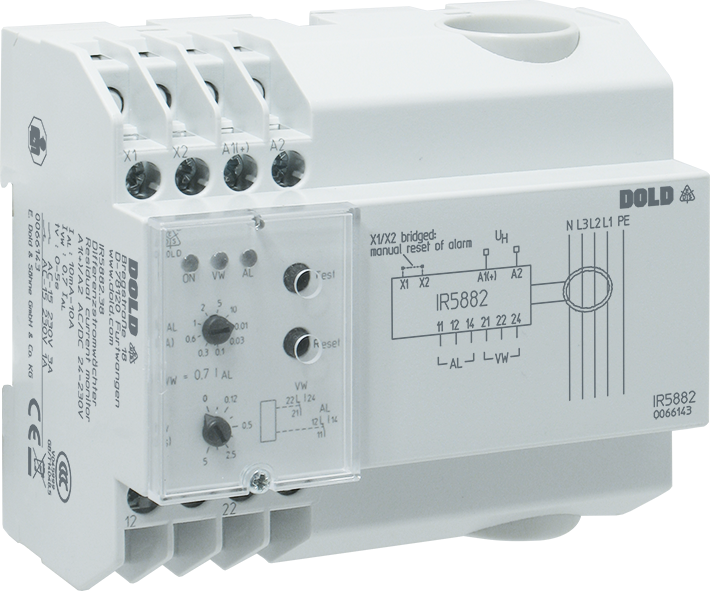 Dold model A, with integrated transformer, IR5882.38 AC/DC24-230V 10A tv=5S, Residual current monitor A, with integrated transformer, sku: 0066143