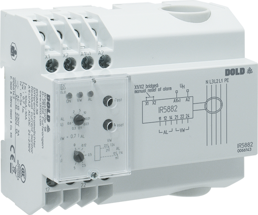 Dold model A, with integrated transformer, IR5882.38 AC/DC24-230V 10A tv=5S, Residual current monitor A, with integrated transformer, sku: 0066143