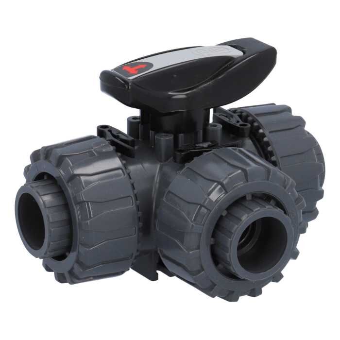 END Armaturen SE711467, 3-Wege Kugelhahn SE, DN50, Klebemuffe d63, PN16 PVC-U/PTFE-EPDM, L-Bohrung