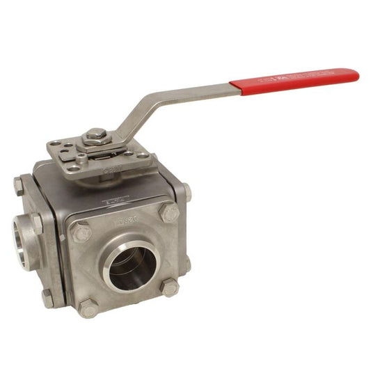 END Armaturen ZD311566, 3-Wege Kugelhahn DN40, PN40, T-Bohrung Edel.1.4408/PTFE/FKM, ISO5211,Anschweiß.
